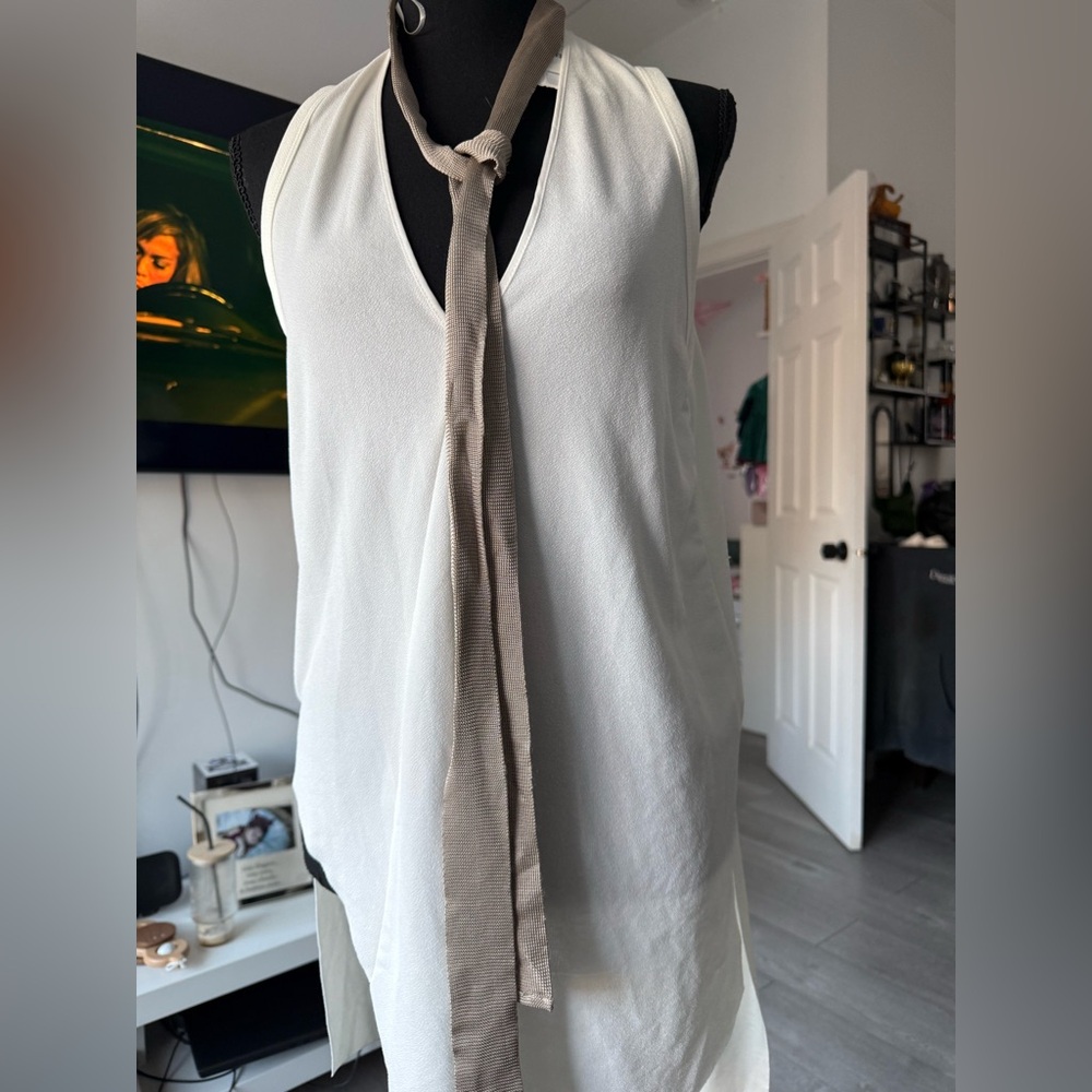 Zara White Tank Top with Brown Tie Detail